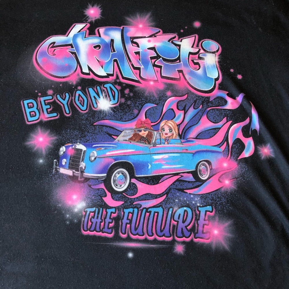SHEIN Black Tee with Blue & Pink Graffiti Car Graphic